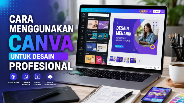 Menggunakan Canva untuk membuat desain profesional dengan template, elemen grafis, dan editor drag-and-drop
