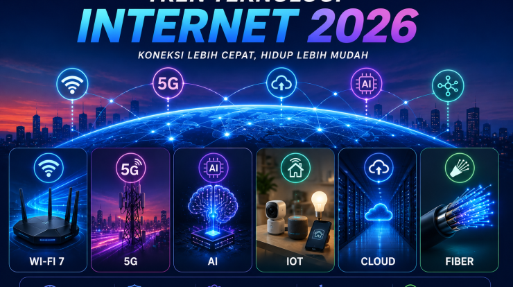 Tren Teknologi Internet 2026: Wi-Fi 7, 5G, AI, IoT, Cloud, dan Fiber.