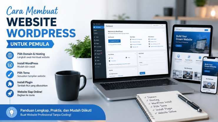 Cara membuat website WordPress untuk pemula dengan dashboard WordPress modern dan tampilan website profesional.