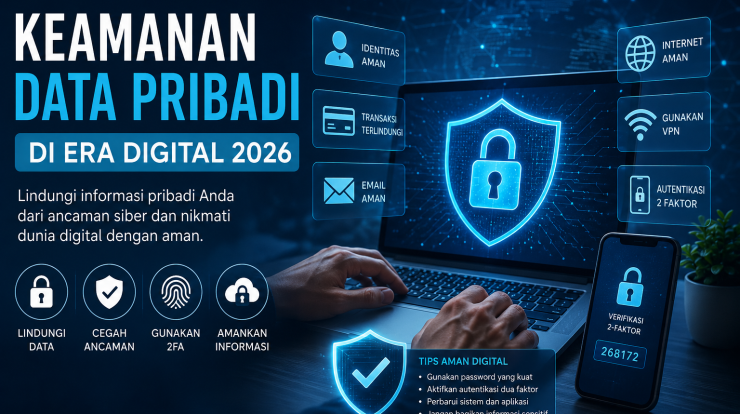 Ilustrasi keamanan data pribadi 2026 dengan laptop, cyber security, 2FA, VPN, dan perlindungan data digital.