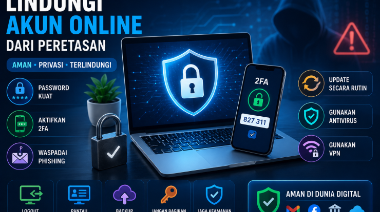 Ilustrasi keamanan akun online dengan password kuat, 2FA, VPN, antivirus, dan perlindungan dari peretasan.