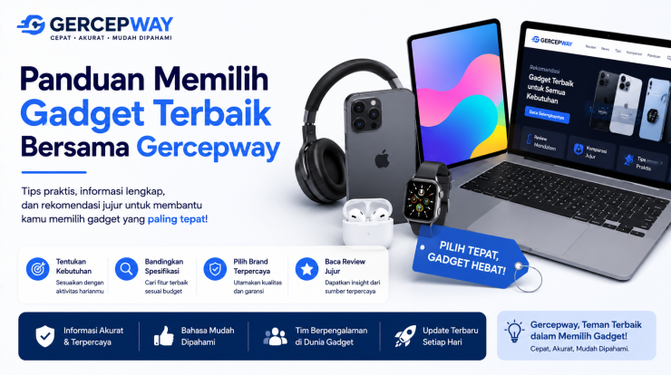 Panduan Memilih Gadget Terbaik Bersama Gercepway menampilkan smartphone, laptop, smartwatch, tablet, dan aksesori teknologi untuk membantu memilih gadget sesuai kebutuhan.