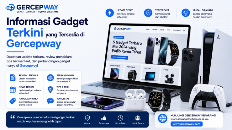 Gercepway technology banner featuring the latest gadget reviews, smartphones, laptop, smartwatch, earbuds, and tech news in a modern blue-themed design.