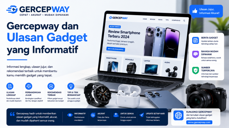 Gercepway technology banner featuring informative gadget reviews, a laptop, smartphone, smartwatch, earbuds, and camera in a modern blue-themed design