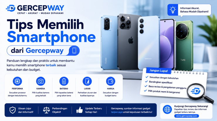 Gercepway technology banner featuring smartphone buying tips with multiple smartphones, comparison guides, and a modern blue-themed design.